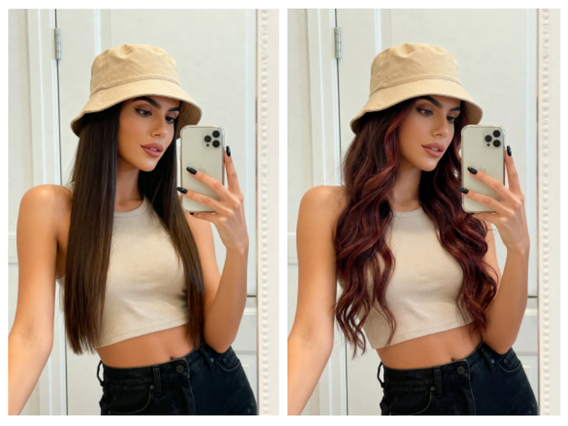 Antes y después de cambiar pelo liso por ondas largas con mechas rojas