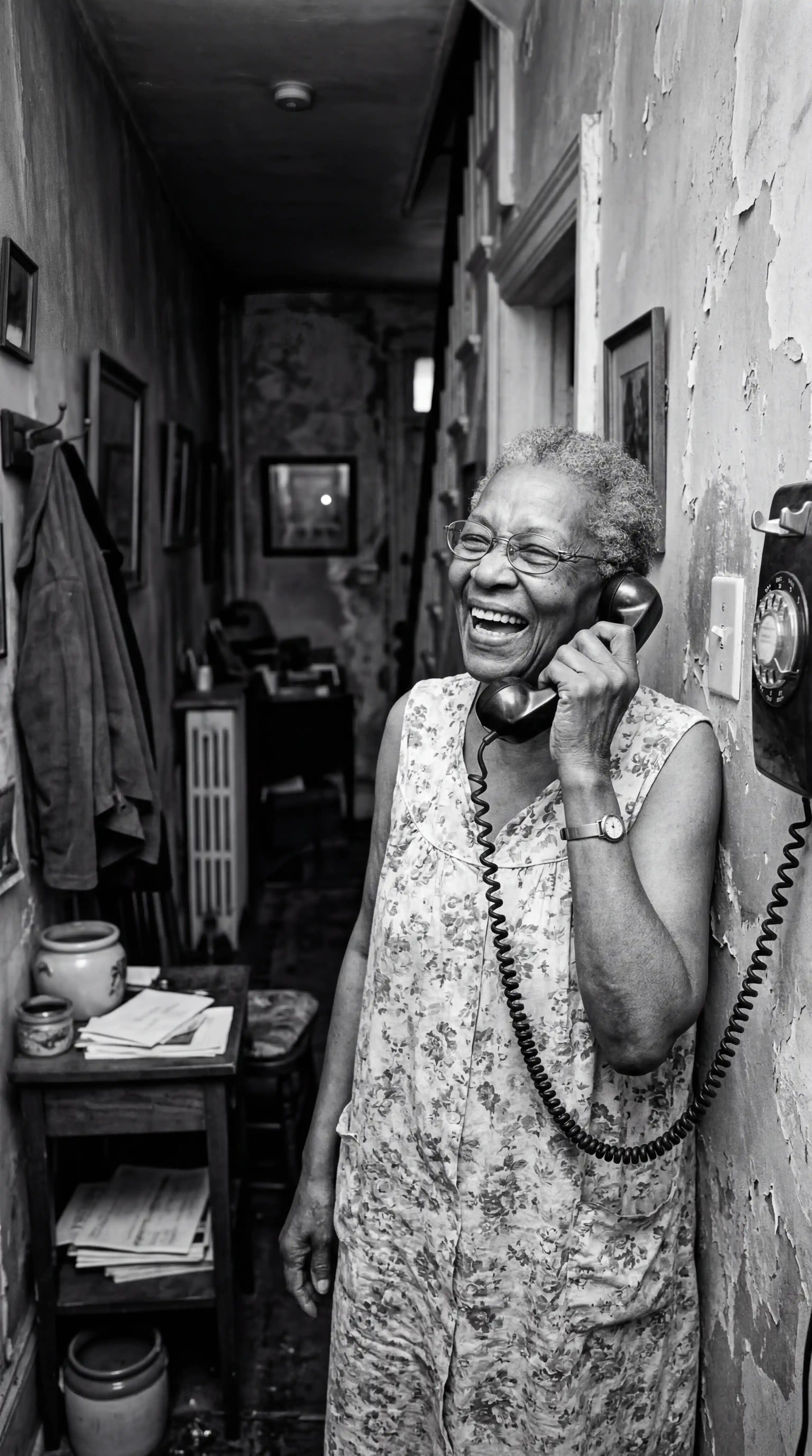 Grok Prompt for Documentary Portrait โ Elderly Woman Laughing With Vintage Telephone Black and White Film Style
