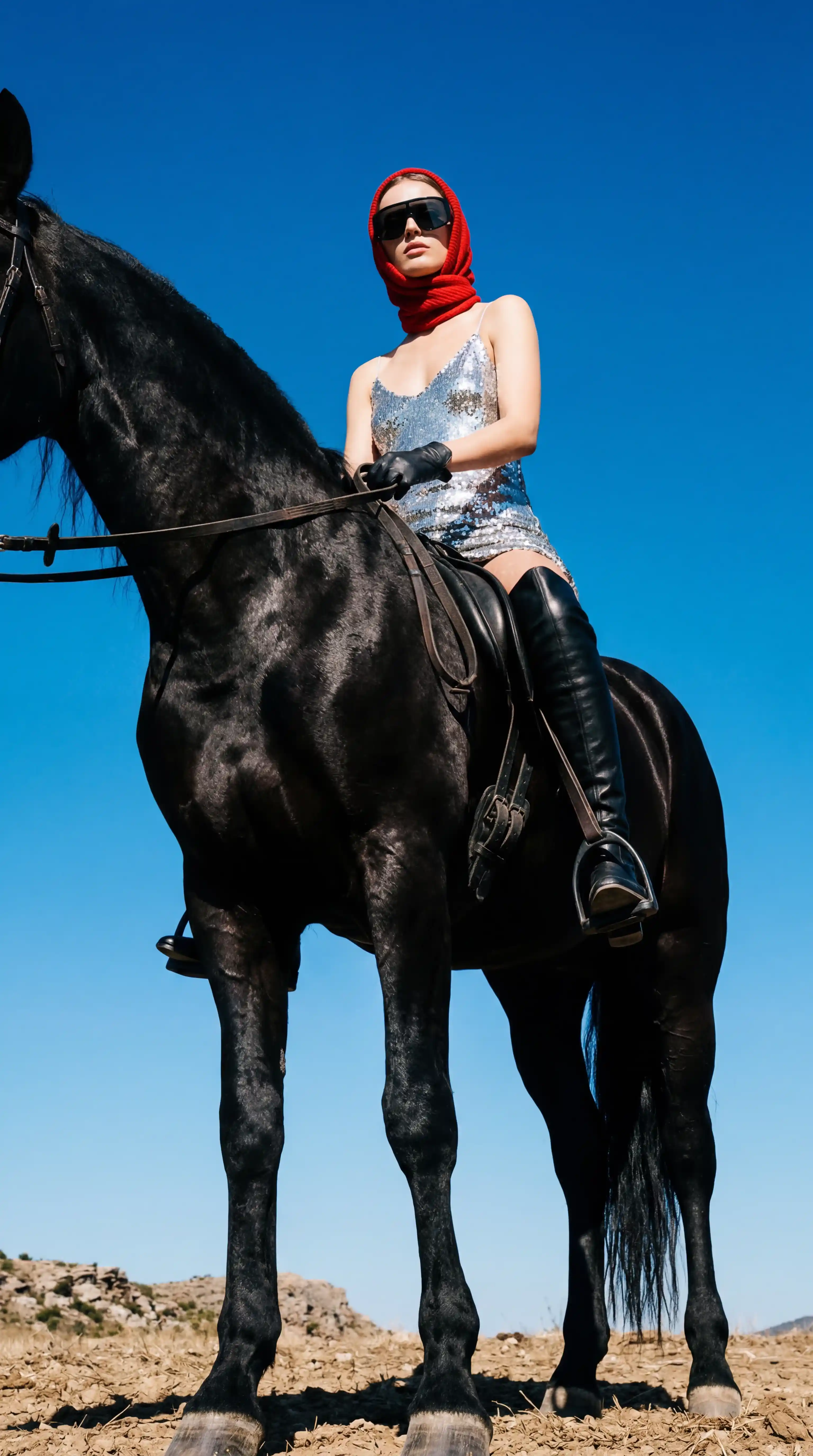 Grok Imagine Prompt Tips โ Fashion Model on Black Horse Against Electric Blue Sky Editorial