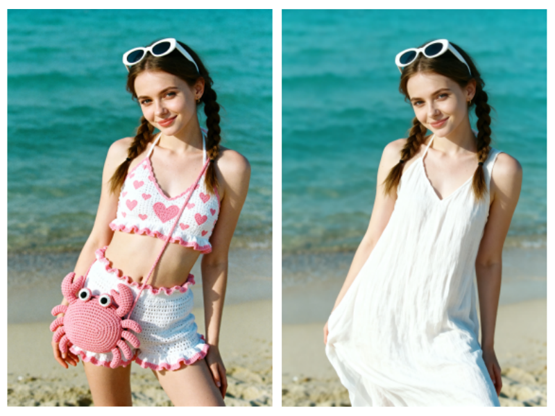 Antes y después de cambiar un conjunto de ganchillo por un vestido blanco sencillo