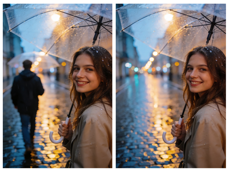 Antes y después de eliminar a un hombre del fondo en una calle lluviosa con Grok AI