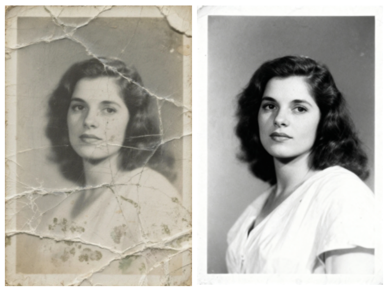 Antes y después de restaurar y limpiar grietas en un retrato antiguo dañado