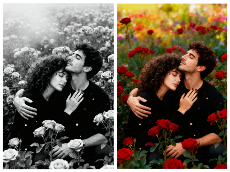 Antes y después de colorear una foto en blanco y negro de una pareja entre rosas
