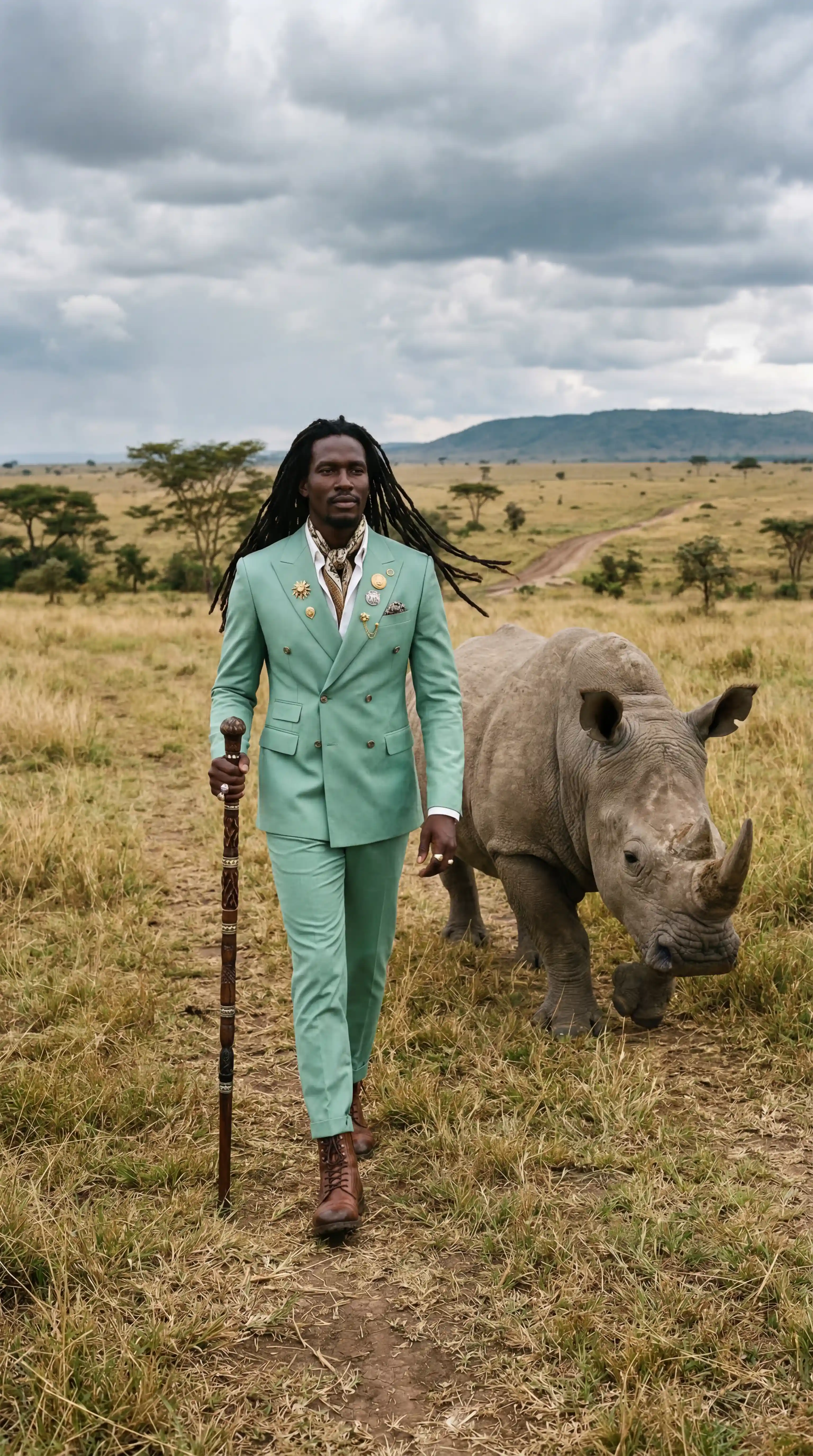 Grok AI Image Prompt โ African Man in Mint Suit Walking Beside White Rhinoceros on Savanna