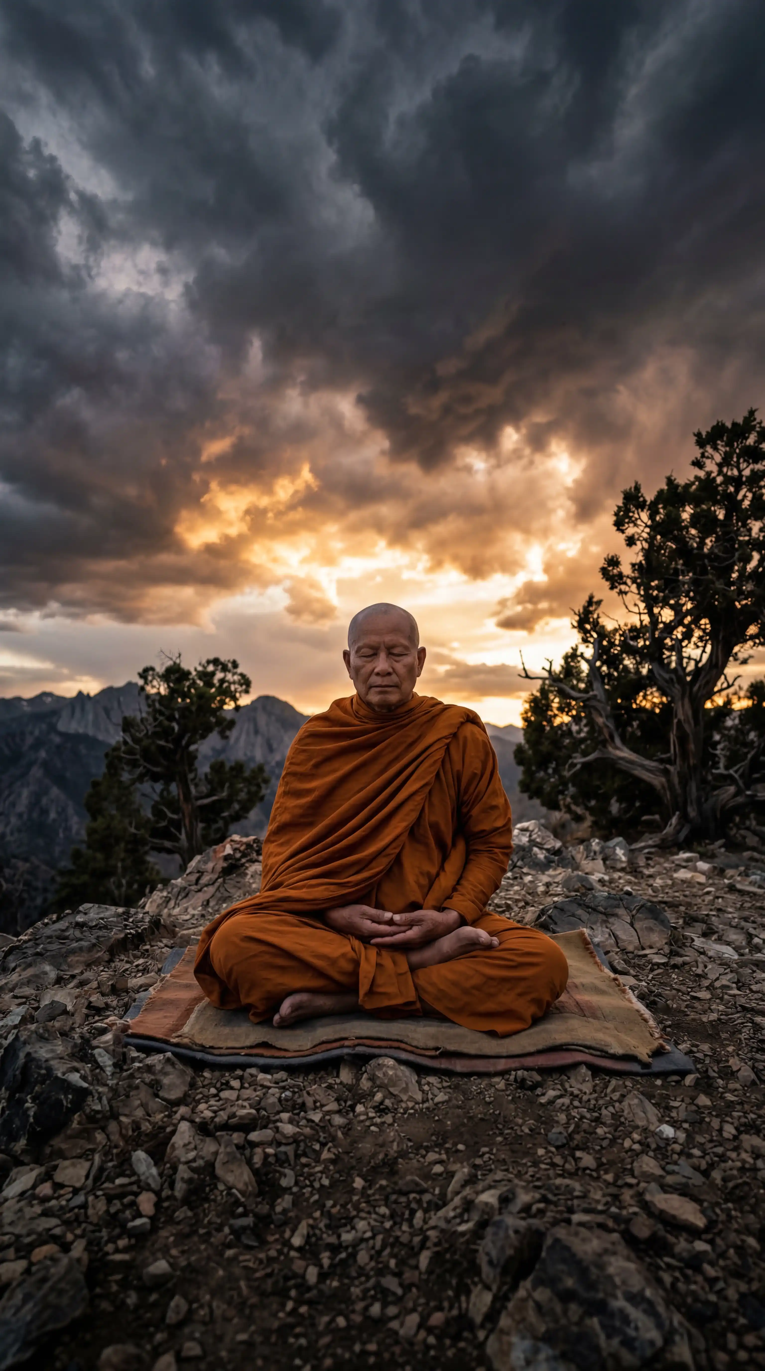Hot Grok Imagine Prompt โ Buddhist Monk Meditating on Hilltop With Dramatic Storm Clouds