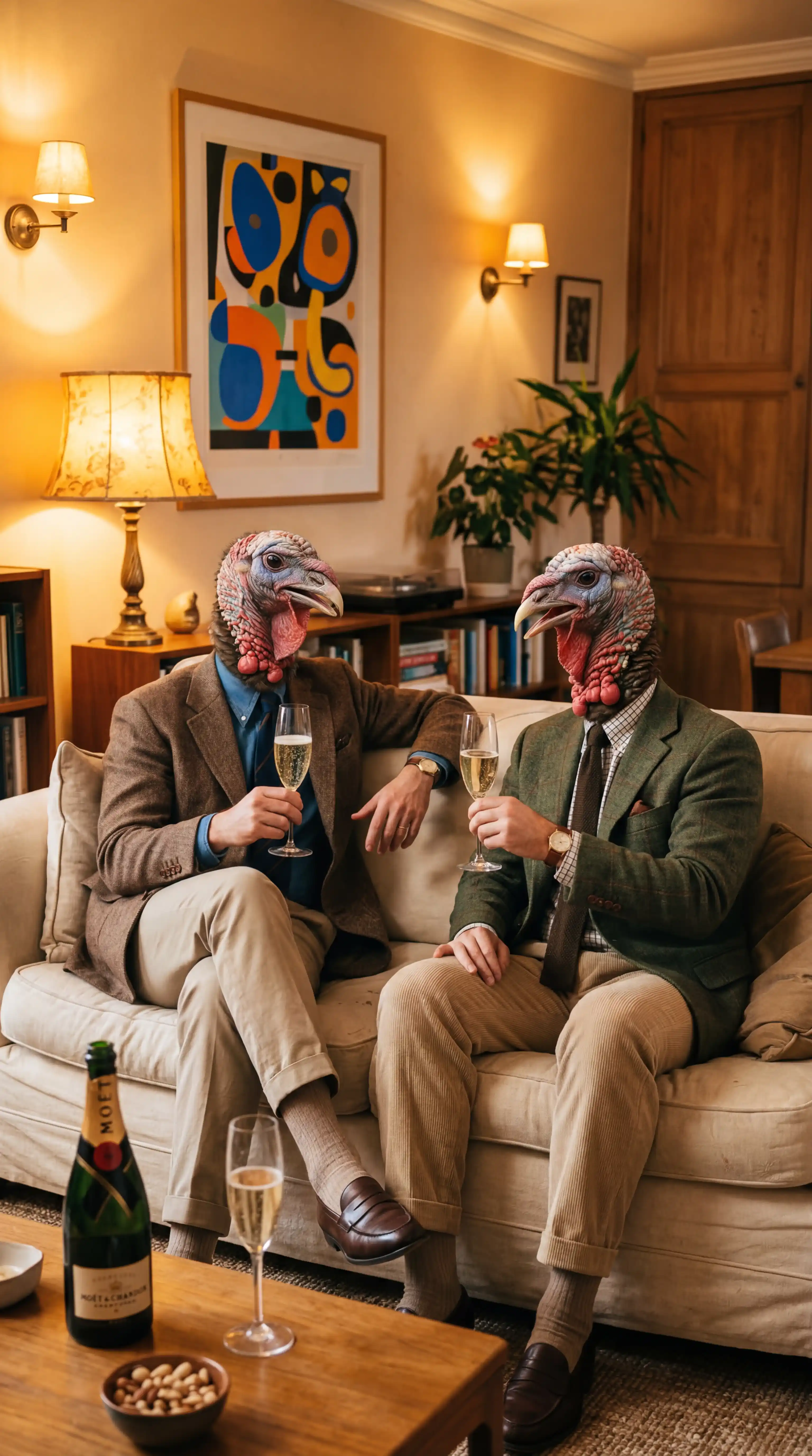 Hot Grok Imagine Prompts โ Turkey-Headed Figures Holding Champagne on Sofa Absurdist Humor