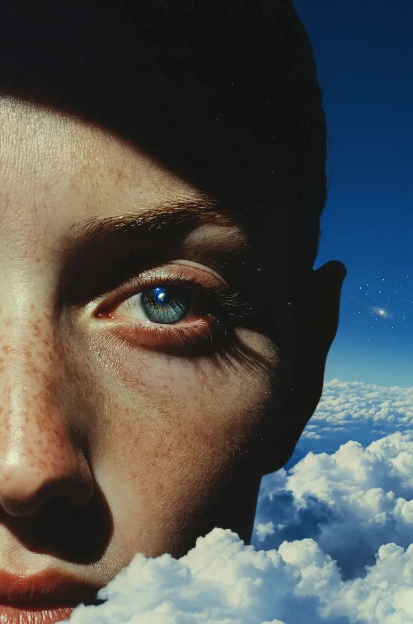Grok Imagine Prompt Example โ Freckled Woman Face Dissolving Into Blue Sky Clouds Surrealist Photography