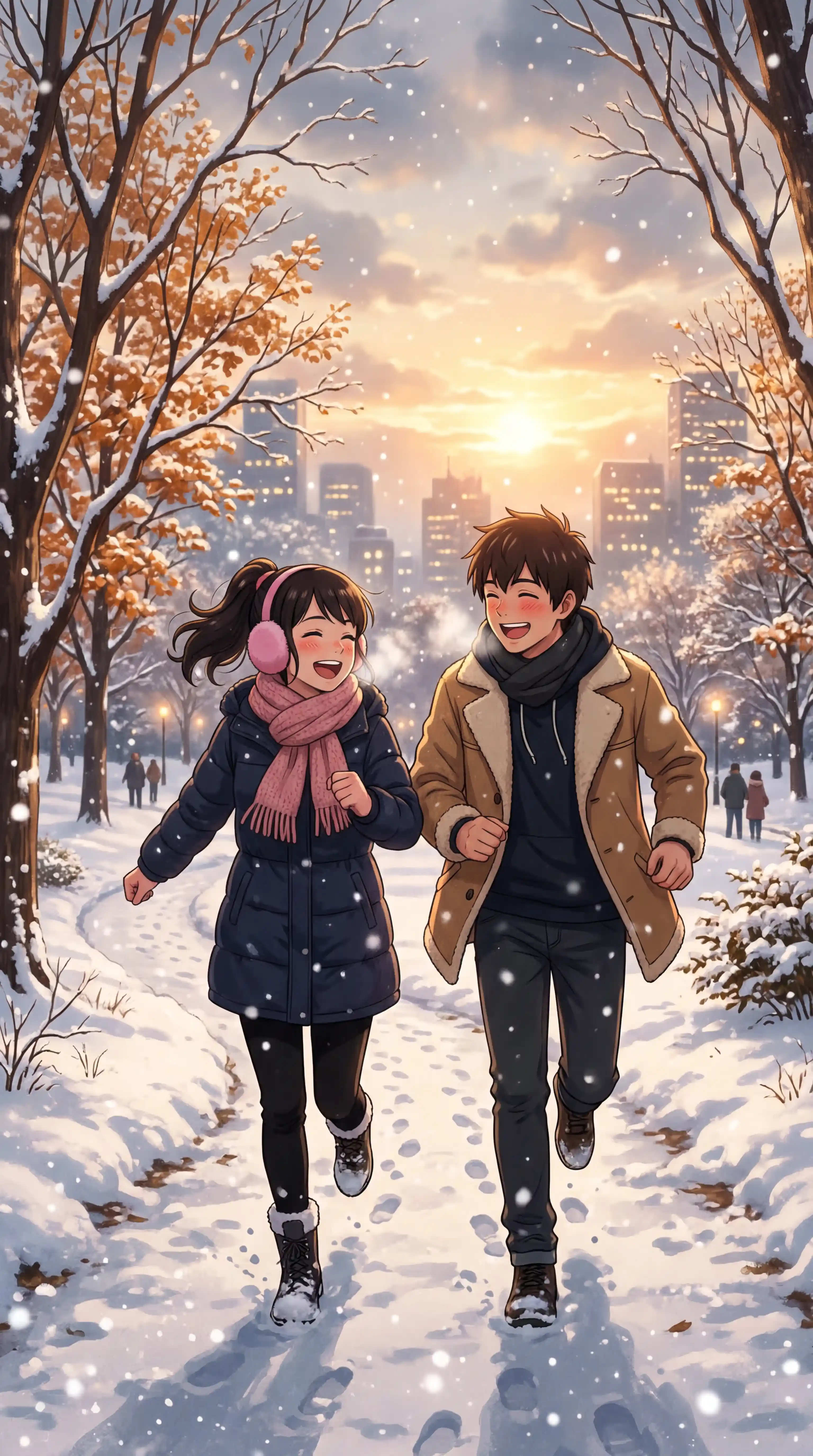 Grok Anime Prompt Example โ Anime Couple Running Through Snowy Park Makoto Shinkai Style