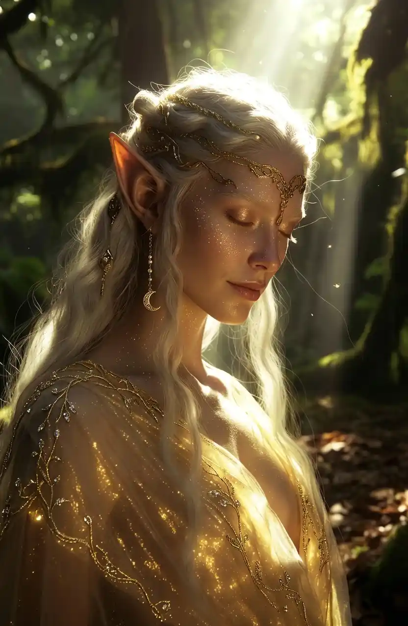 Best Grok Imagine Prompt for Fantasy Art โ Elven Woman With Silver Hair and Gold Tiara in Ancient Forest