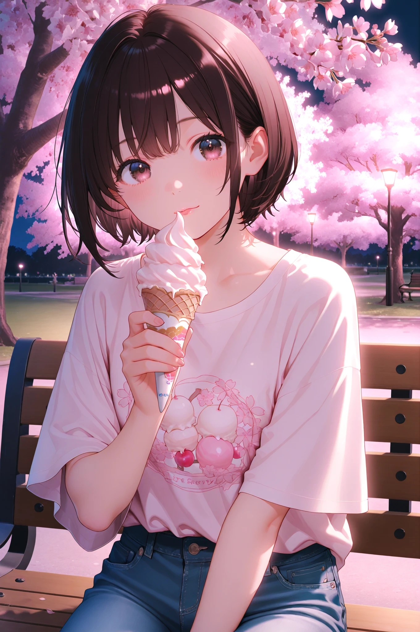 One obsessionで生成した夜桜とベンチに座る女の子のアニメイラスト