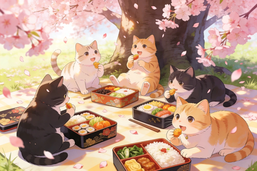 花見をする擬人化猫たち