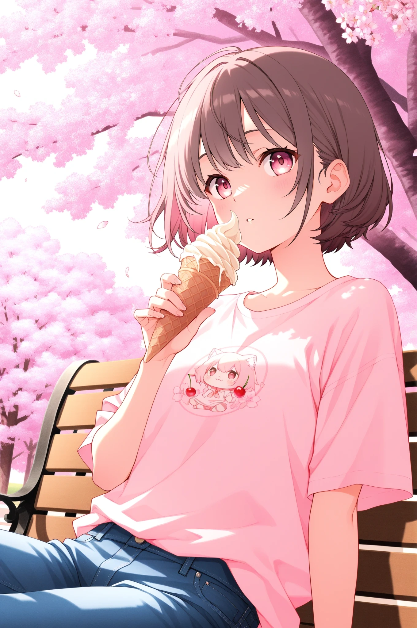 WAI-illustrious-SDXLで生成した夜桜とベンチに座る女の子のアニメイラスト