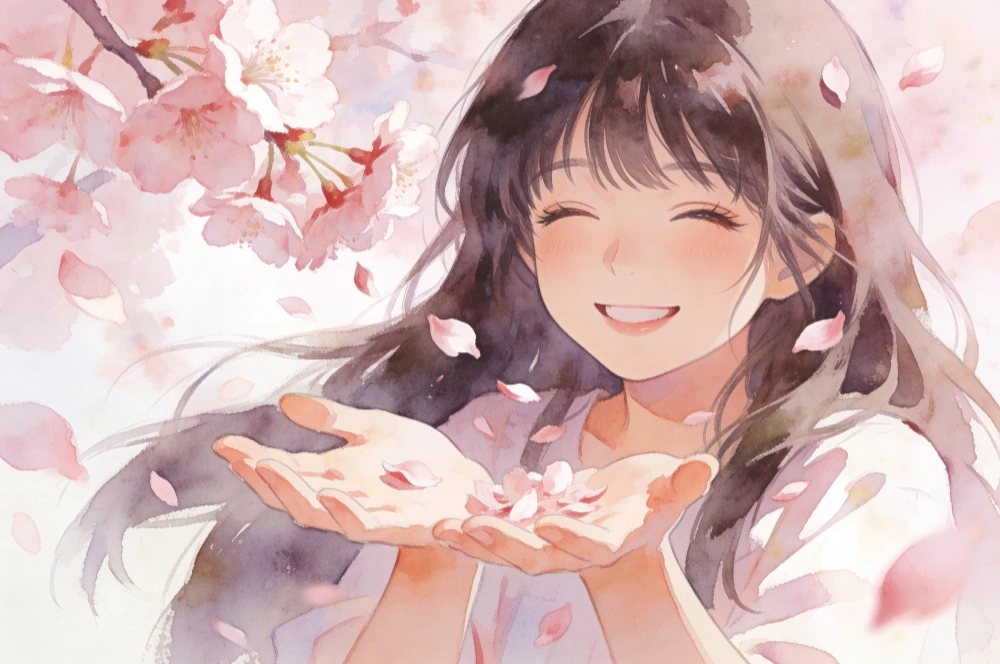 花びらを受け止める女の子 お花見水彩イラスト