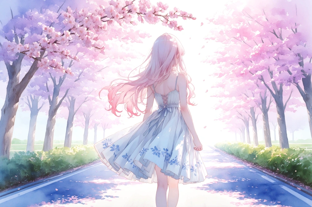 桜並木をひとりで歩く後ろ姿 お花見イラスト