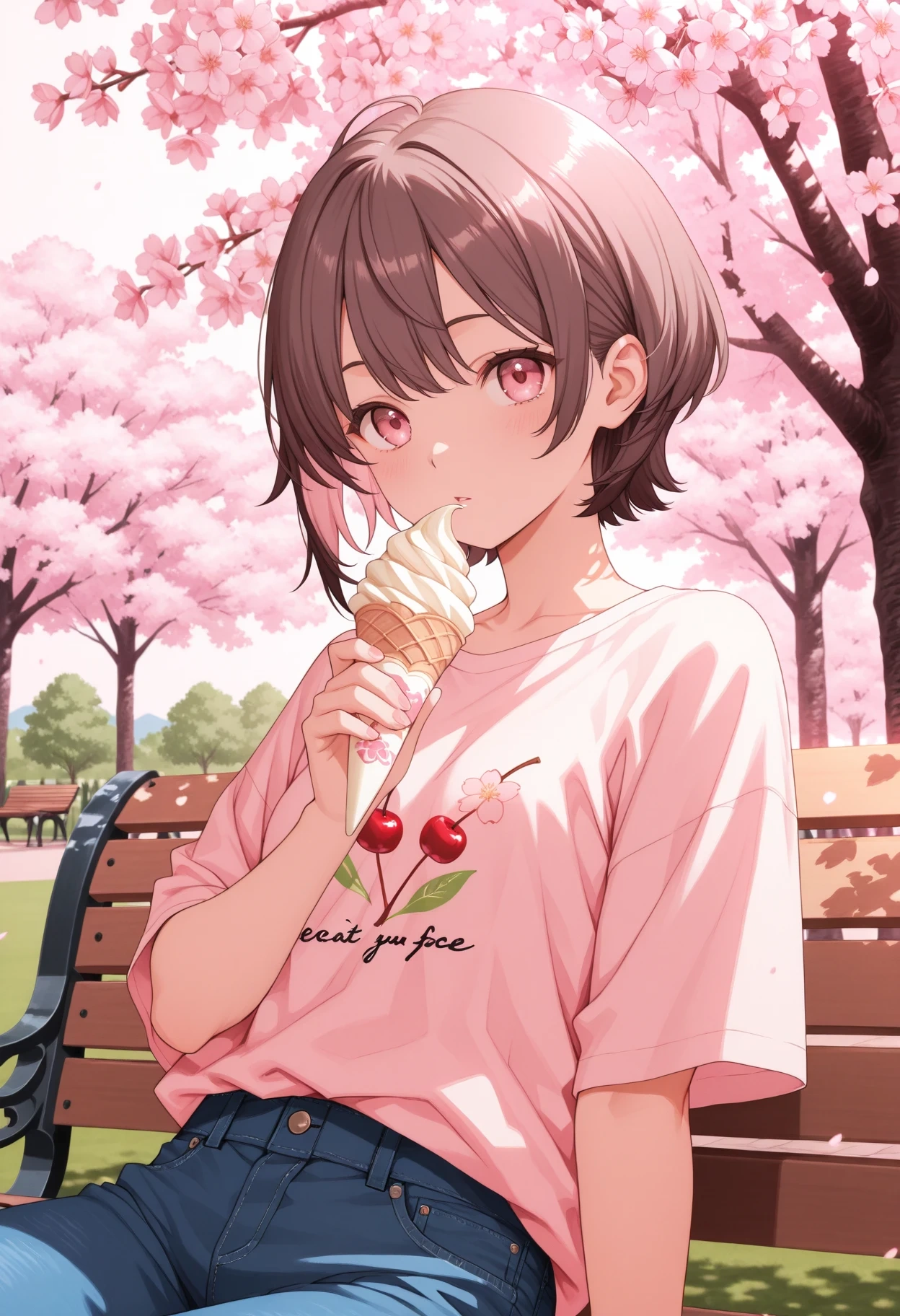 Illustrious-Anime Artistで生成した夜桜とベンチに座る女の子のアニメイラスト