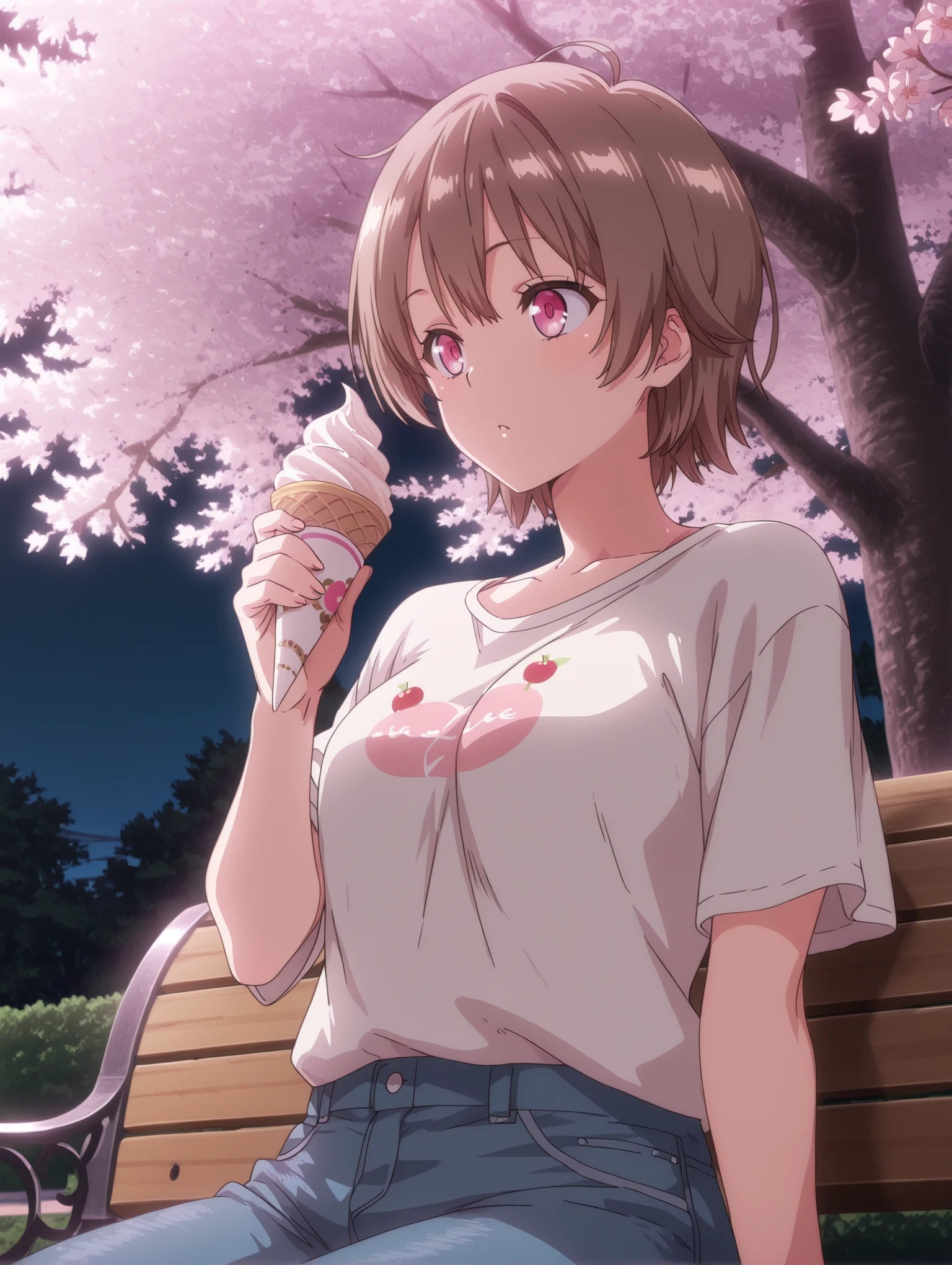 RIN H-eros Illustriousで生成した夜桜とベンチに座る女の子のアニメイラスト