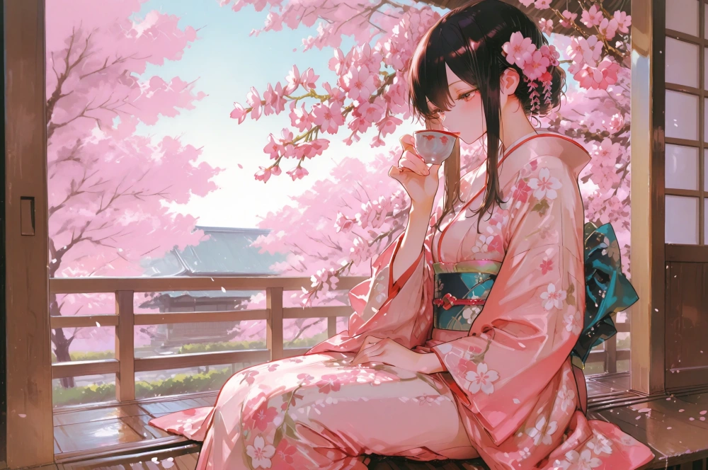 お花見イラスト 縁側から桜を眺める着物姿