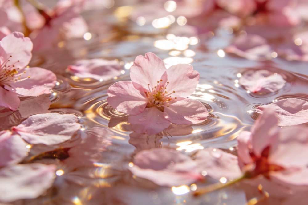 お花見 撮影 水面に浮かぶ花びらのマクロ