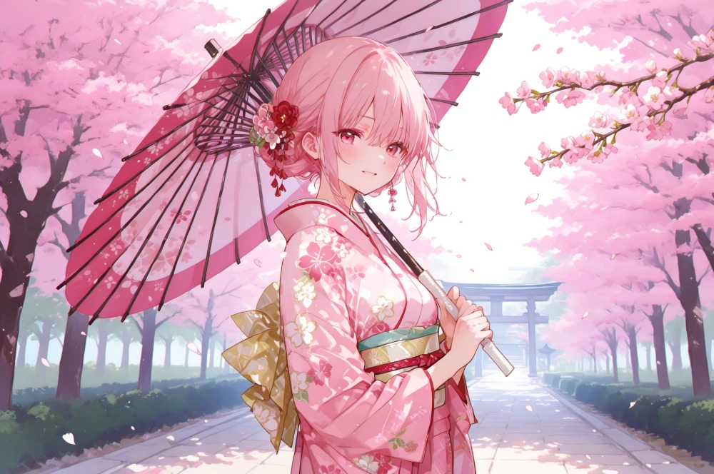 和傘をさして花びらを受ける着物姿