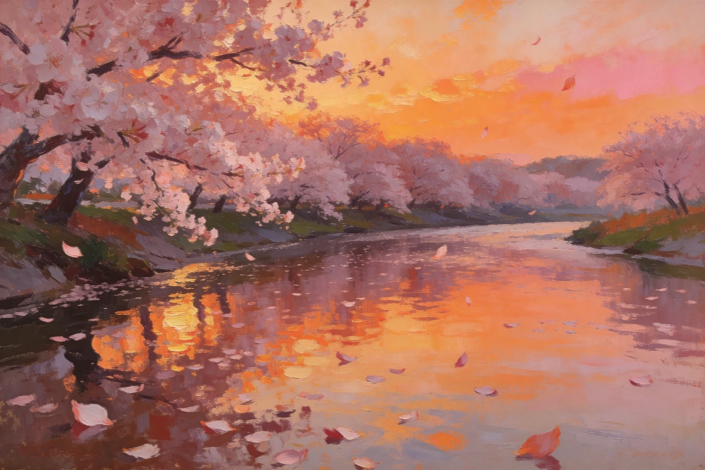 お花見イラスト 夕暮れの桜と川