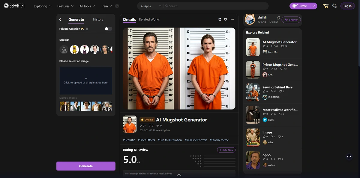 SeaArt AI Mugshot Generator Homepage