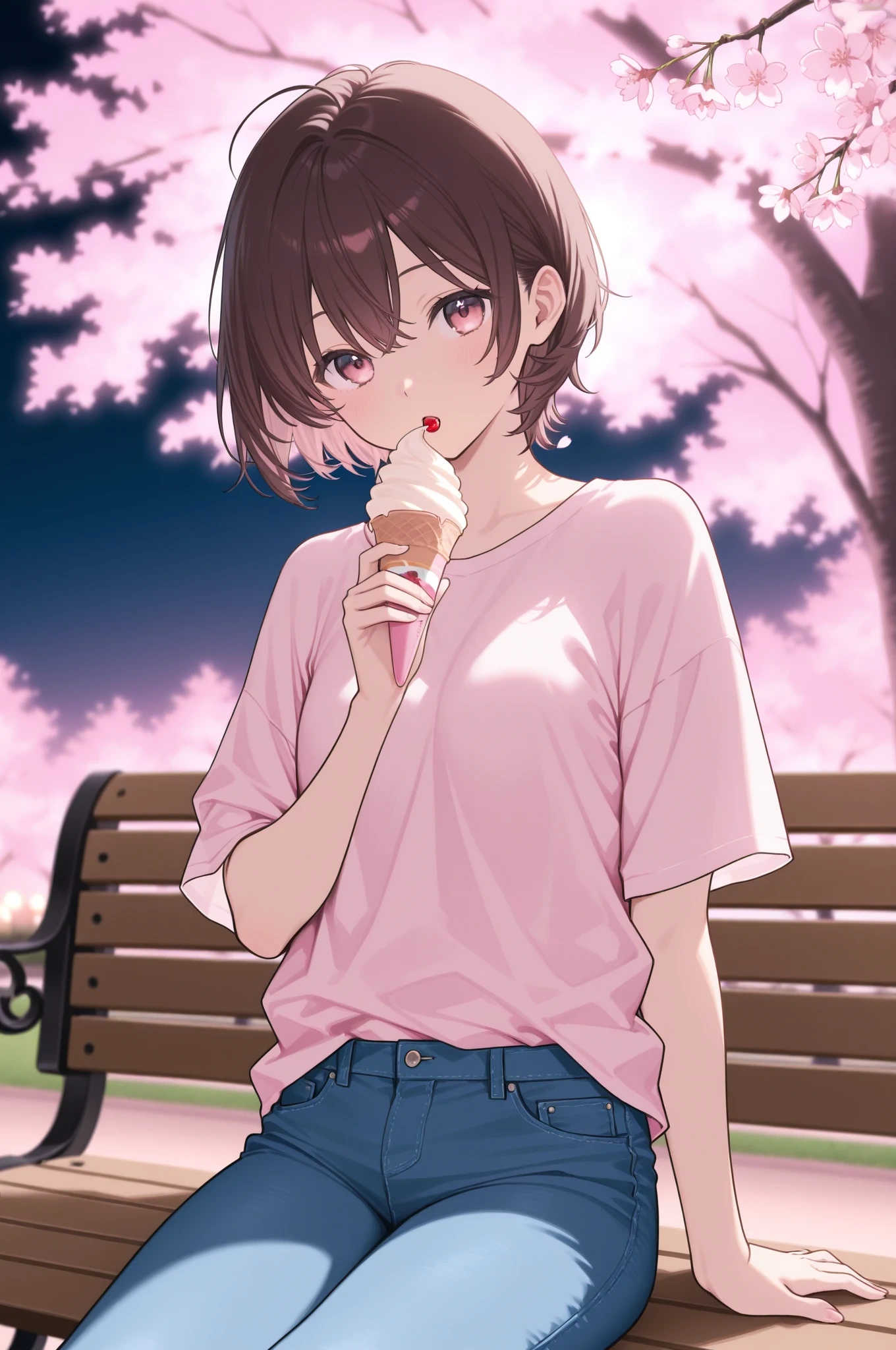 GR-Illustrious 3in1で生成した夜桜とベンチに座る女の子のアニメイラスト