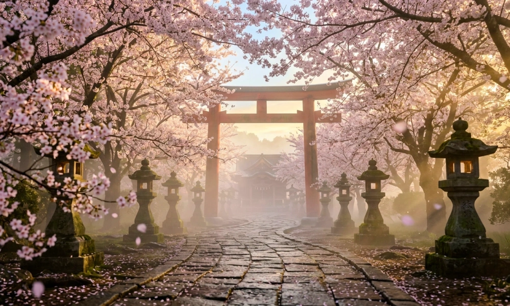 お花見 撮影 夜明けの神社参道と桜