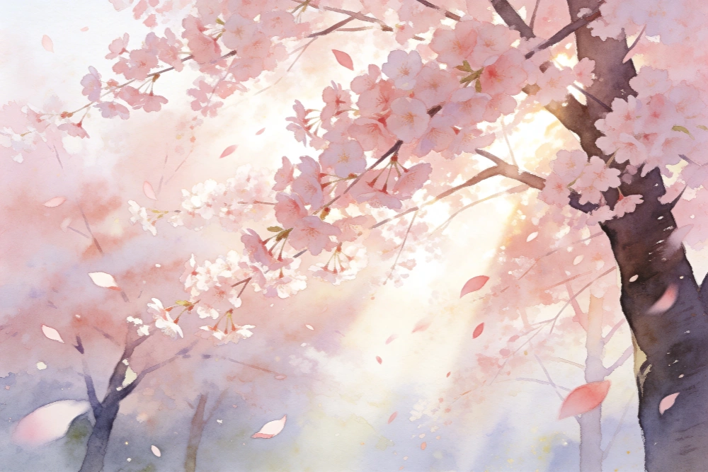 お花見イラスト 水彩タッチの桜並木