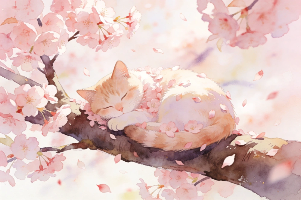 お花見イラスト 桜の枝の上で昼寝する猫