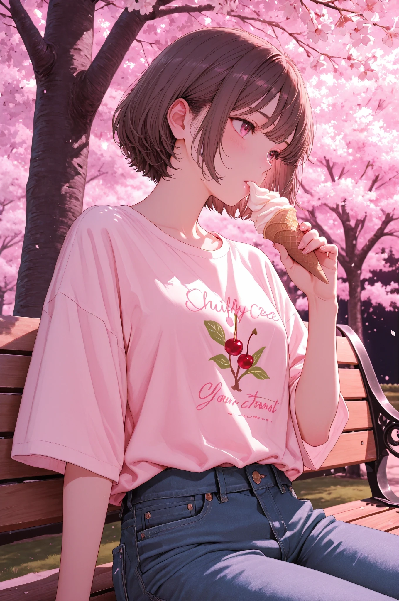 Semi Real Anime Horizonで生成した夜桜とベンチに座る女の子のアニメイラスト