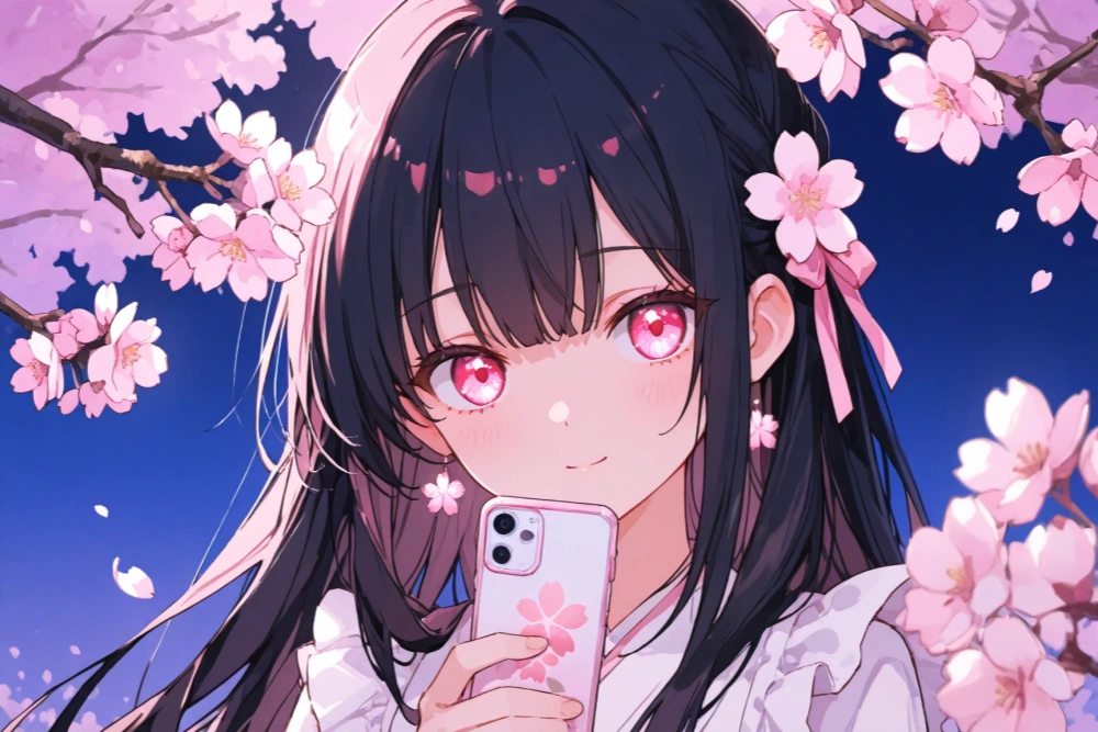 お花見イラスト夜桜の下でスマホを見上げる女の子