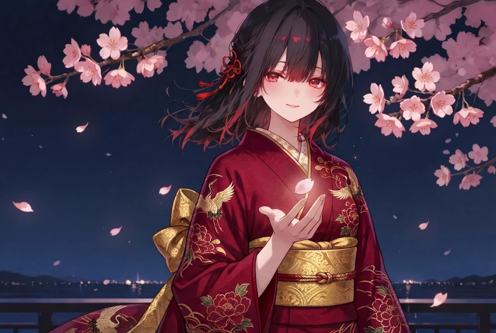 夜桜に映える振袖 着物イラスト