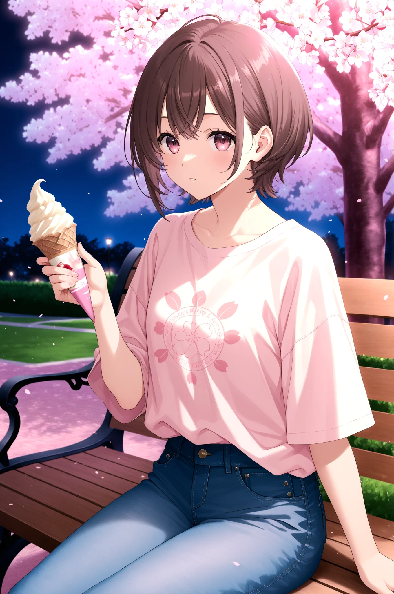 Illustrious-Simple Animeで生成した夜桜とベンチに座る女の子のアニメイラスト