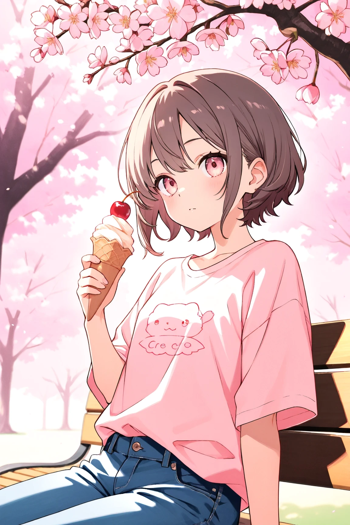 RedFukuで生成した夜桜とベンチに座る女の子のアニメイラスト