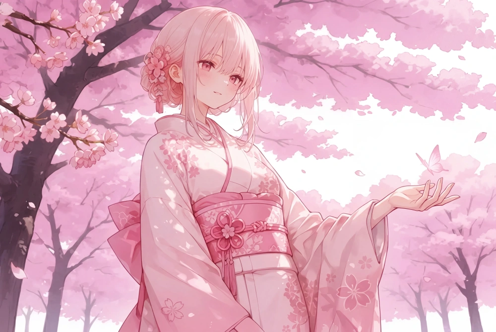 桜と着物のお花見イラスト桜の前に凛と立つ着物姿