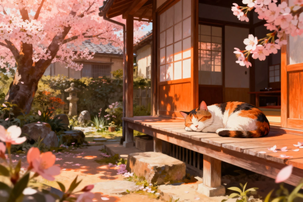 縁側でまどろむ三毛猫 お花見イラスト