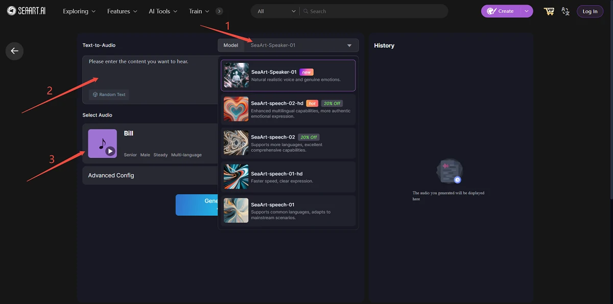 SeaArt AI Audio Tool - Step Instructions