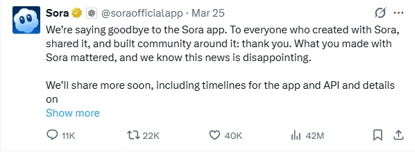 OpenAIはSoraアプリのサービス終了を発表