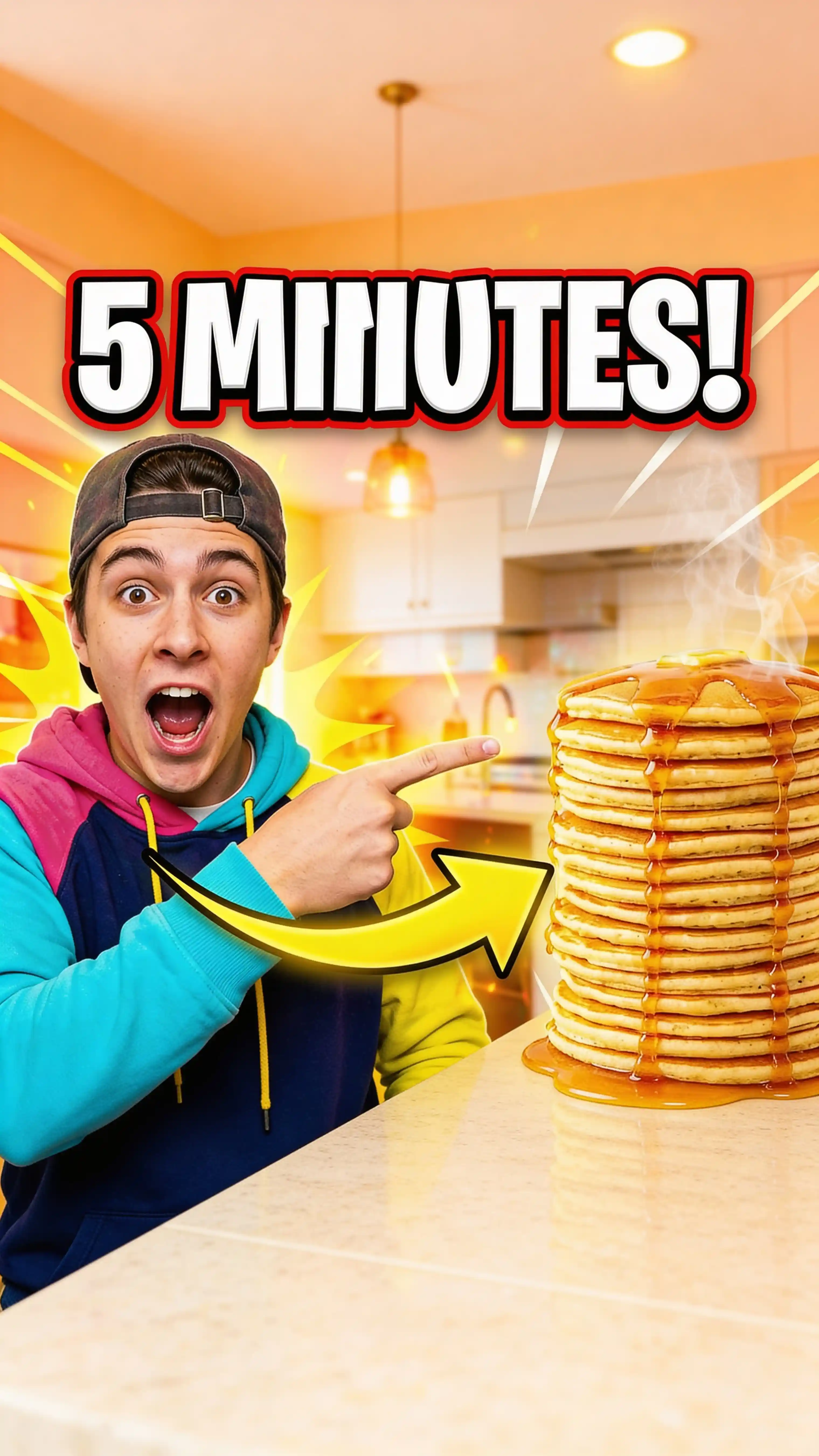 High-energy YouTube thumbnail with excited person pointing at golden pancake stack, Nano Banana 2 thumbnail