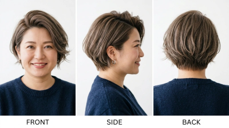 ぽっちゃりベース型向けショートヘア 正面・側面・背面
