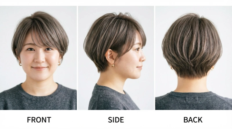 ぽっちゃり丸顔のショートボブ 正面・側面・背面