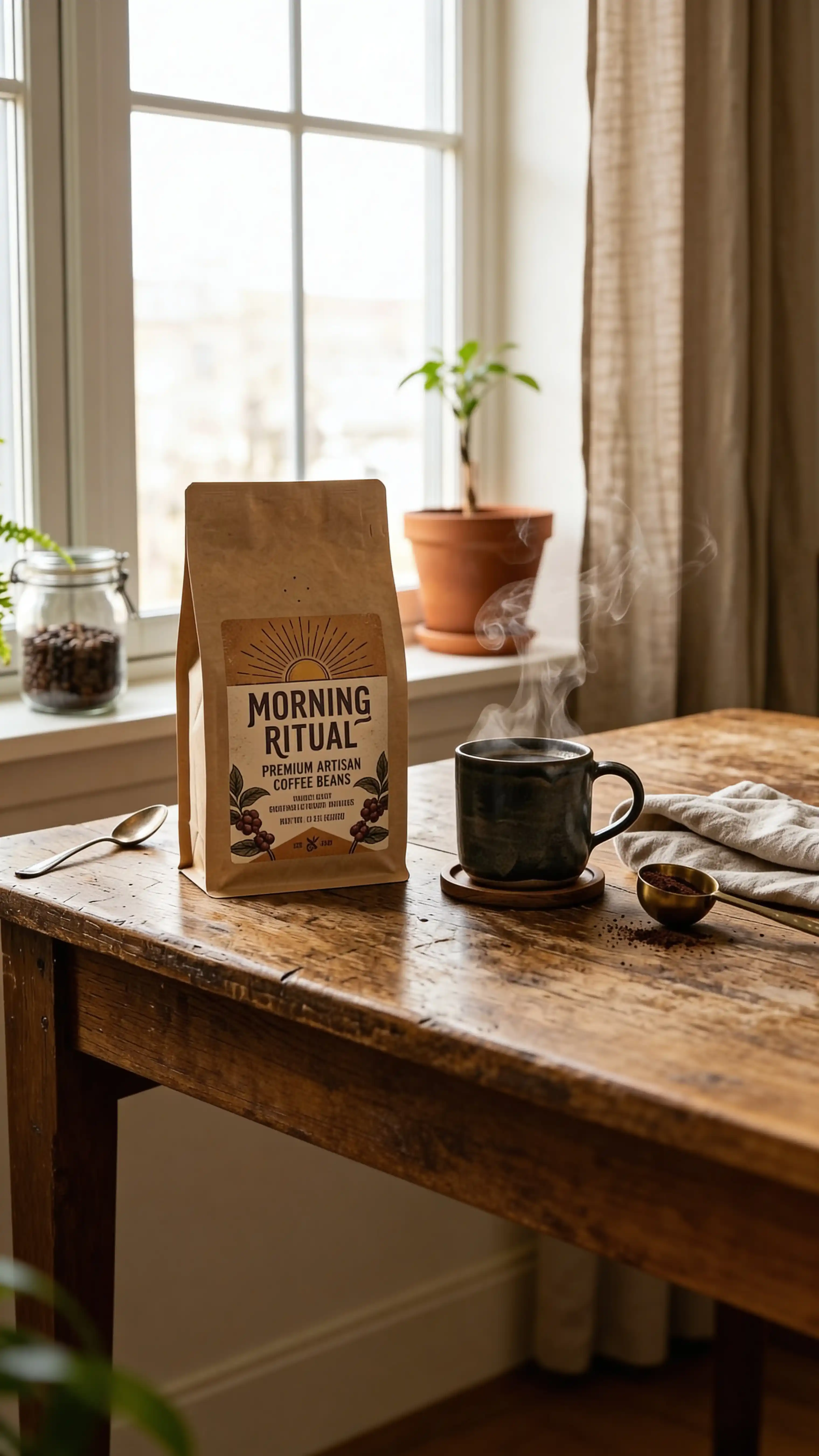 Morning Ritual coffee bag lifestyle shot on oak table with rising steam, Nano Banana 2 example