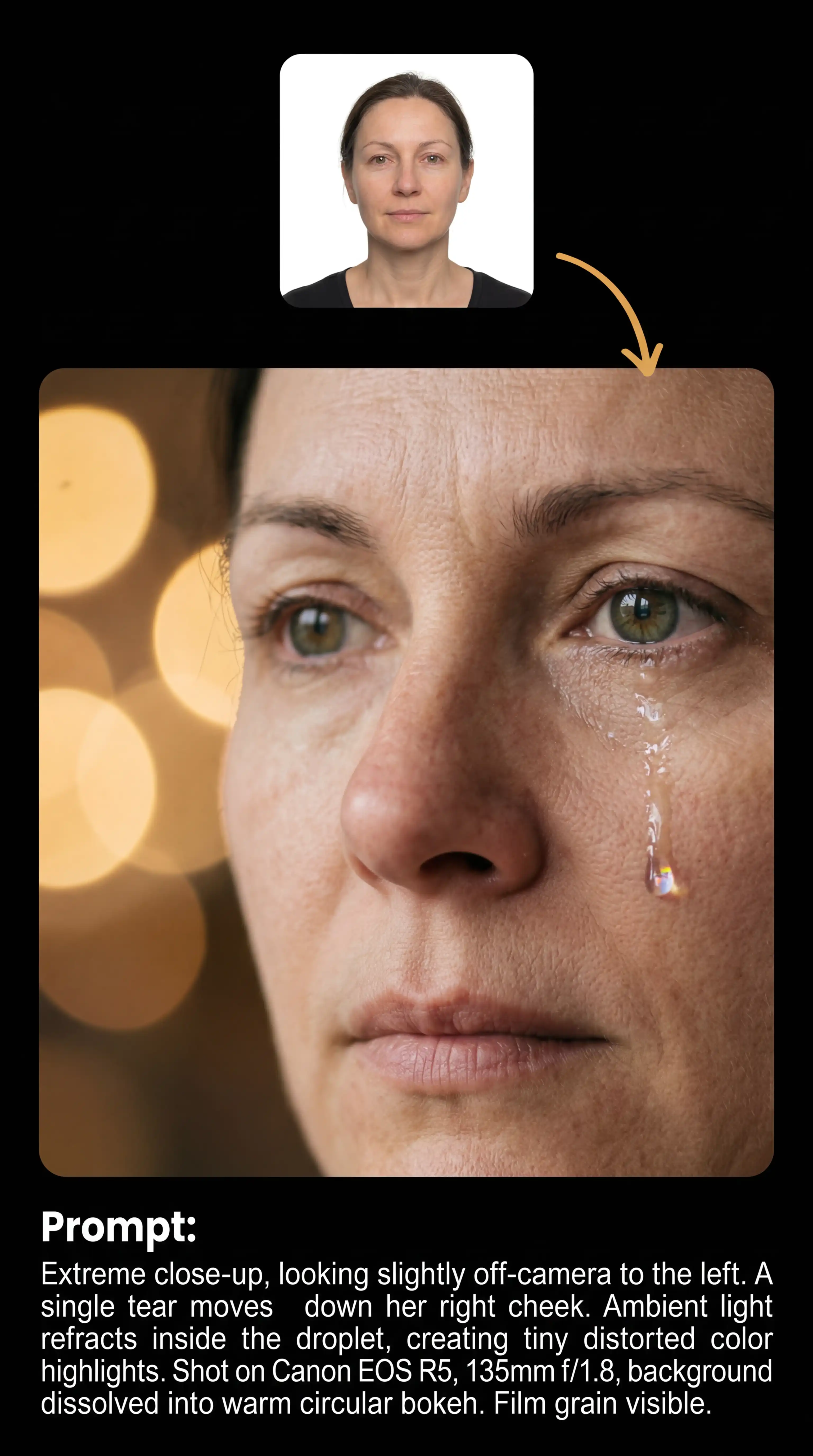 Cinematic extreme close-up portrait with a single tear and warm circular bokeh, Nano Banana 2 example
