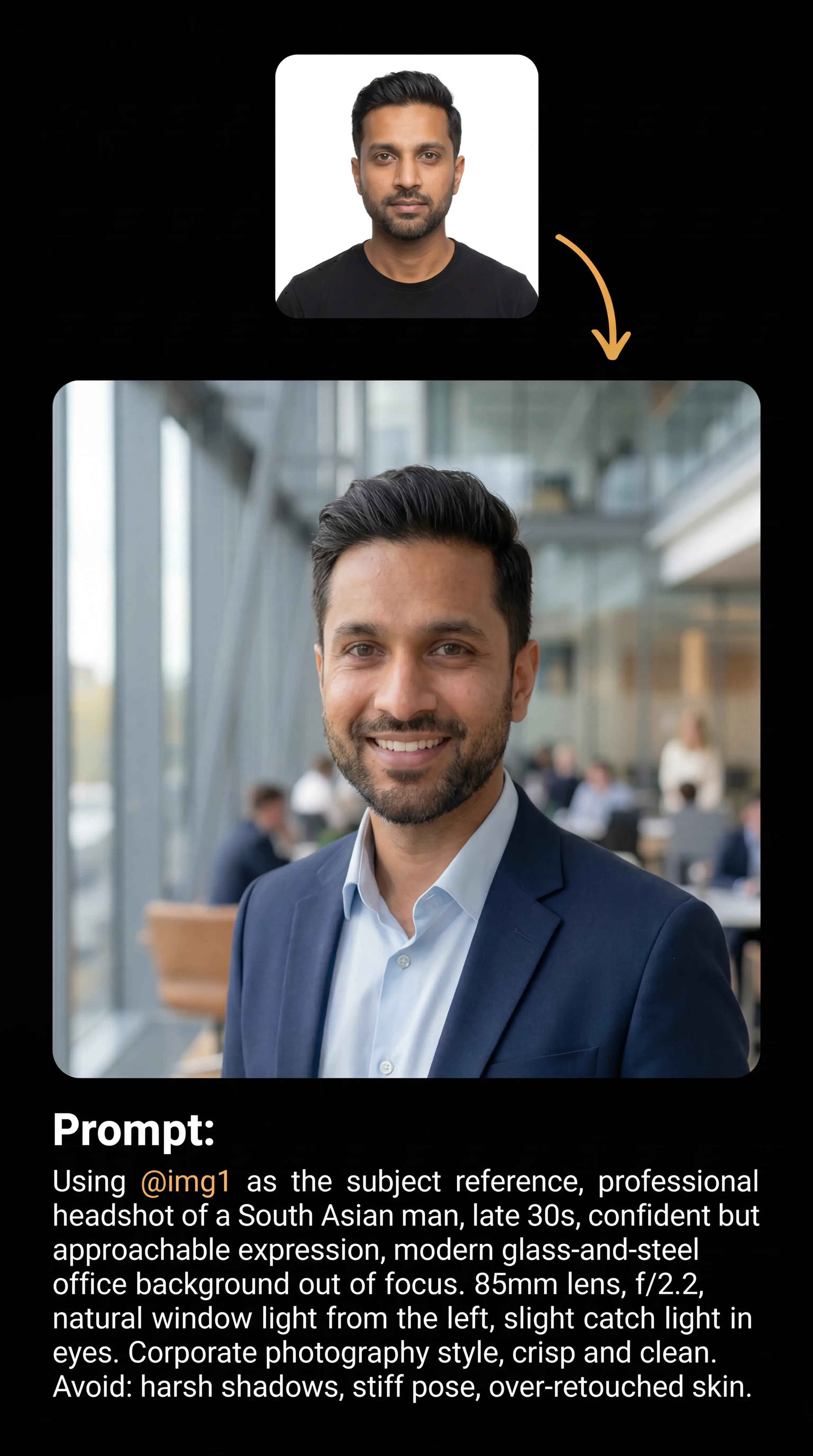 Corporate headshot of a South Asian man with natural window light, generated with Nano Banana 2