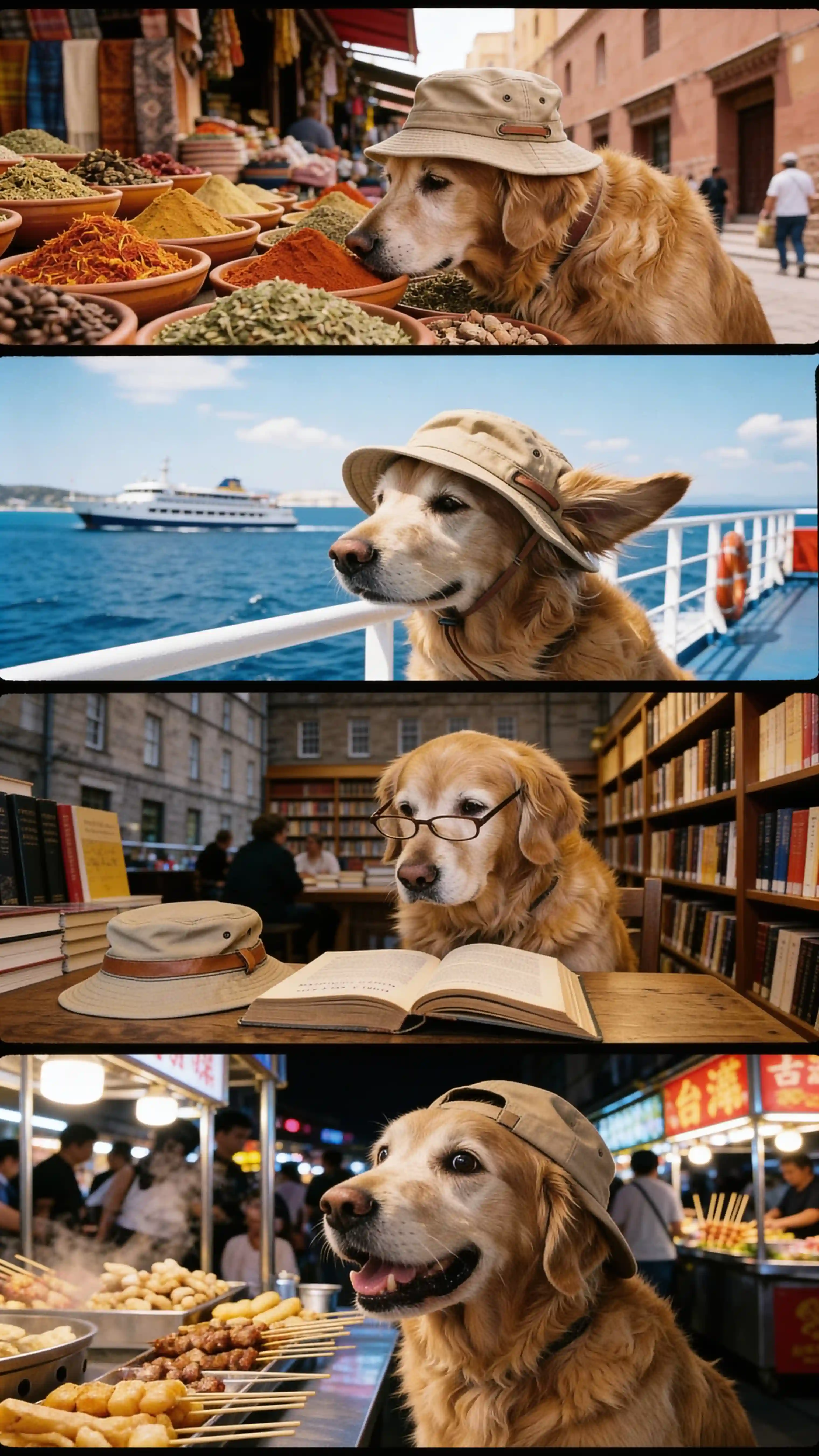 Four-panel travel photo series of a golden retriever across global locations, Nano Banana 2 character sequence