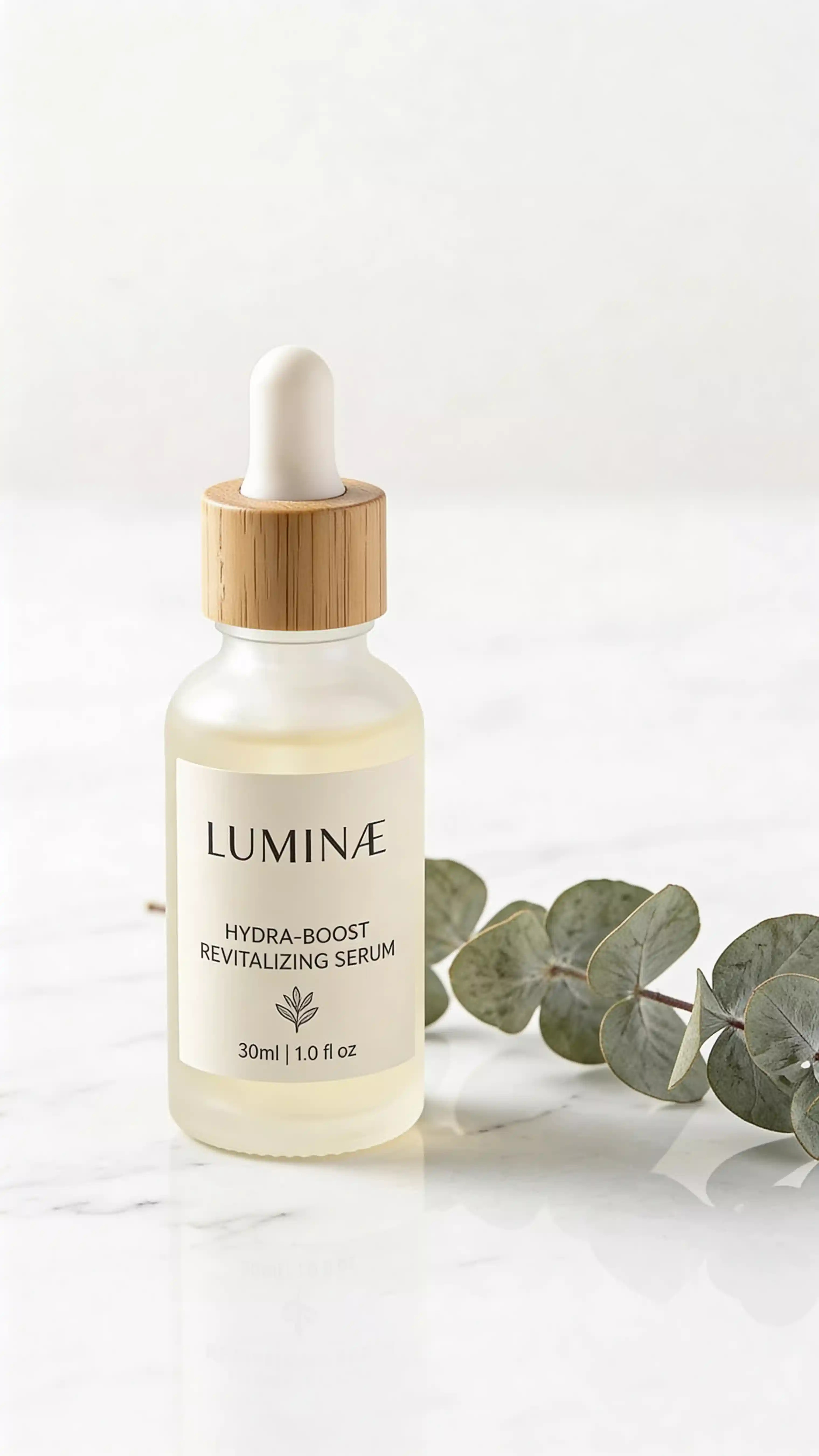 Luxury skincare serum bottle on white marble with eucalyptus sprig, Nano Banana 2 product shot