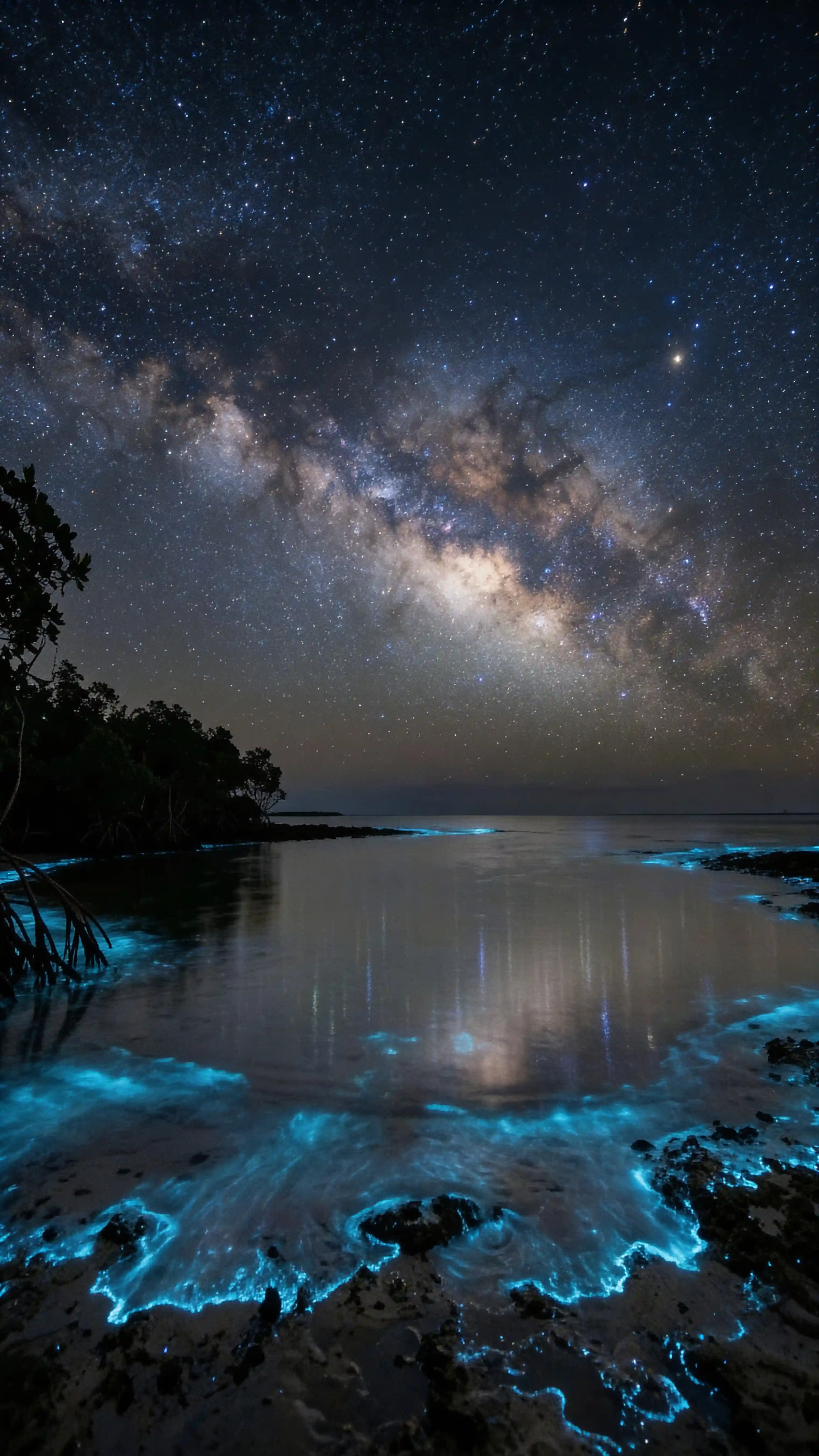 Long-exposure bioluminescent coastal bay with Milky Way reflection, Nano Banana 2 night photography