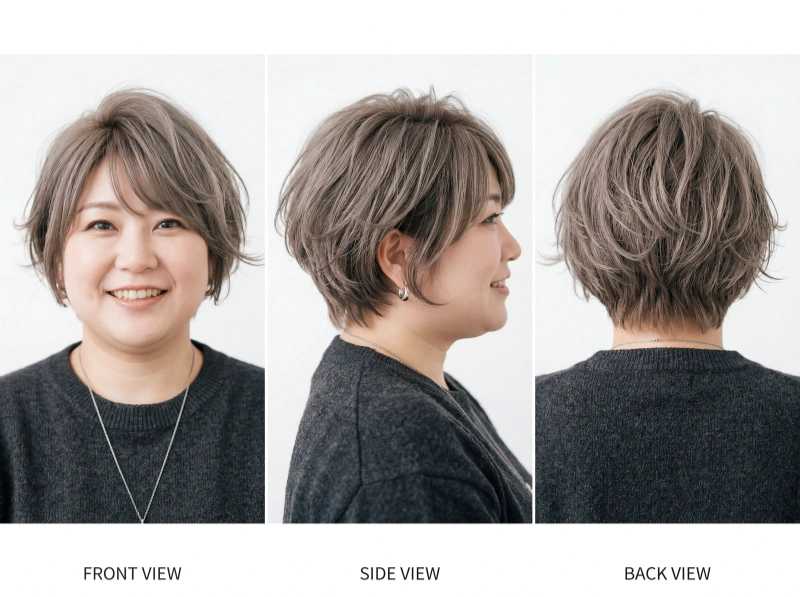 ぽっちゃり二重あご向けショートウェーブボブ 正面・側面・背面