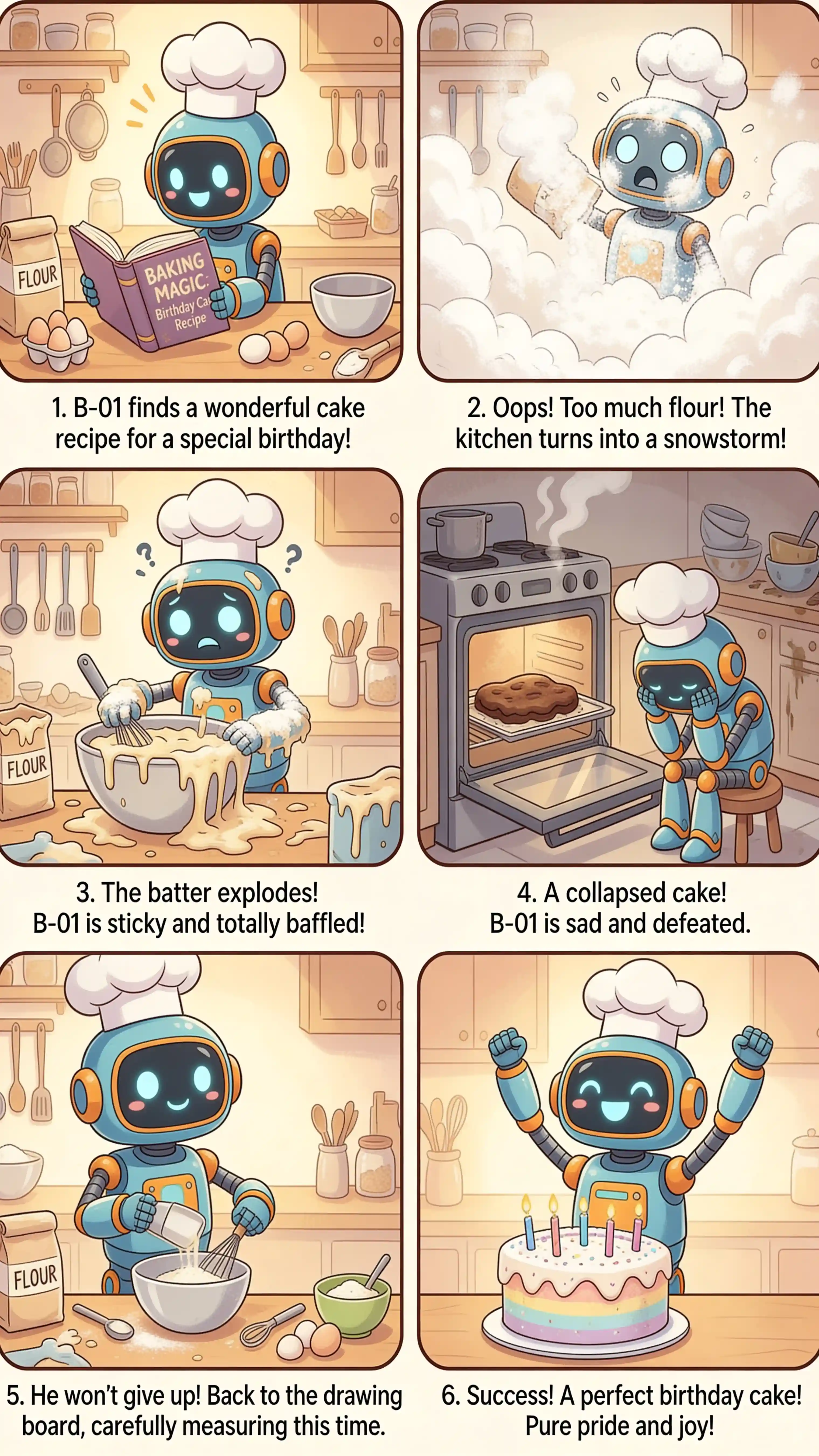 Six-panel illustrated story of a robot chef baking a birthday cake, Nano Banana 2 character consistency