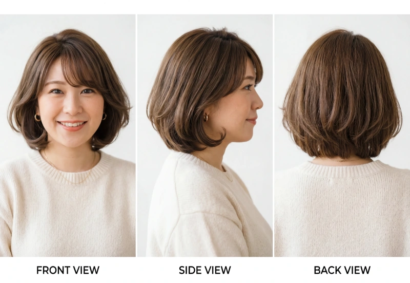 ぽっちゃり面長向けAラインショートボブ 正面・側面・背面